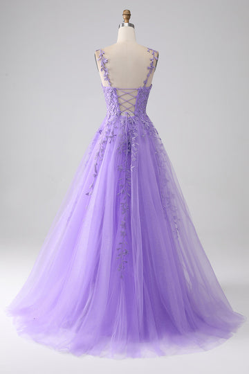 Lilac A-Line Spaghetti stropper Long Prom Kjole med Appliques
